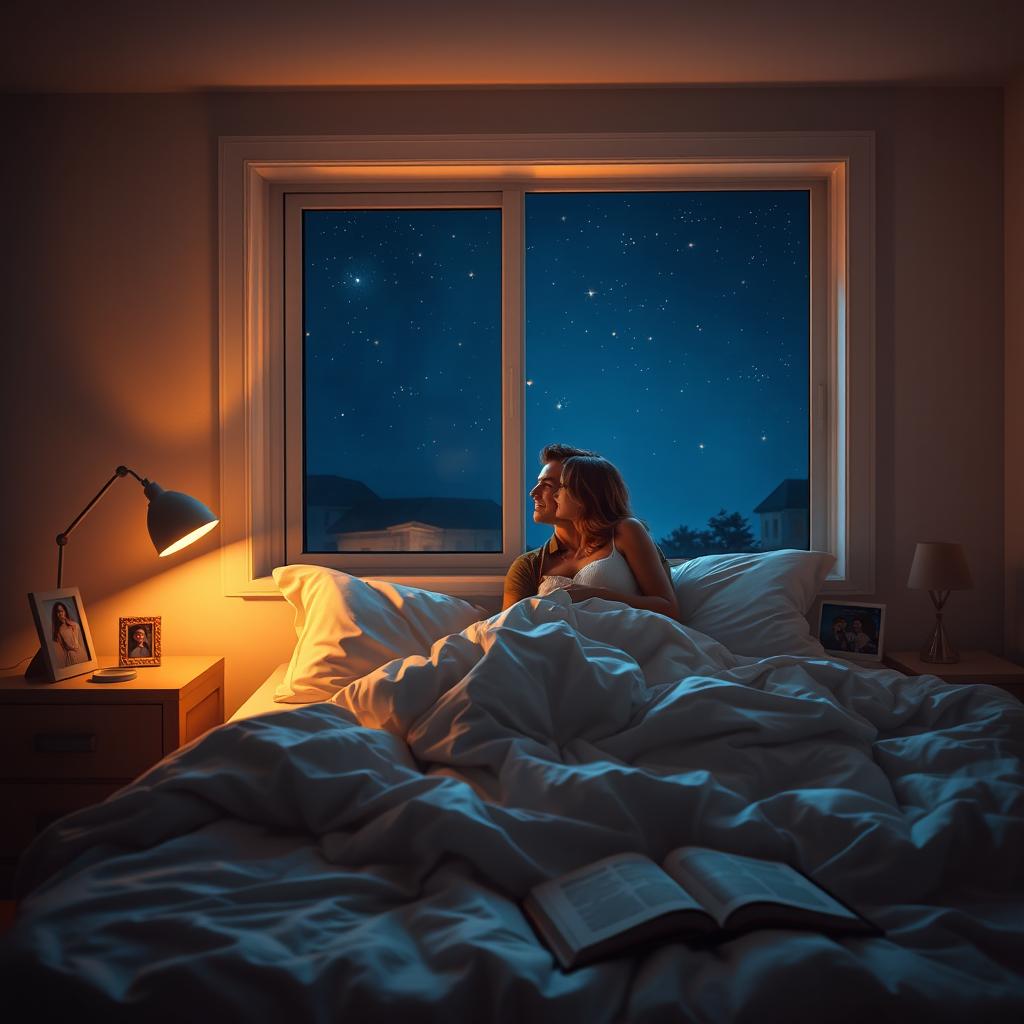 A cozy bedroom scene at night, softly illuminated by the warm glow of a bedside lamp, casting gentle shadows on the walls
