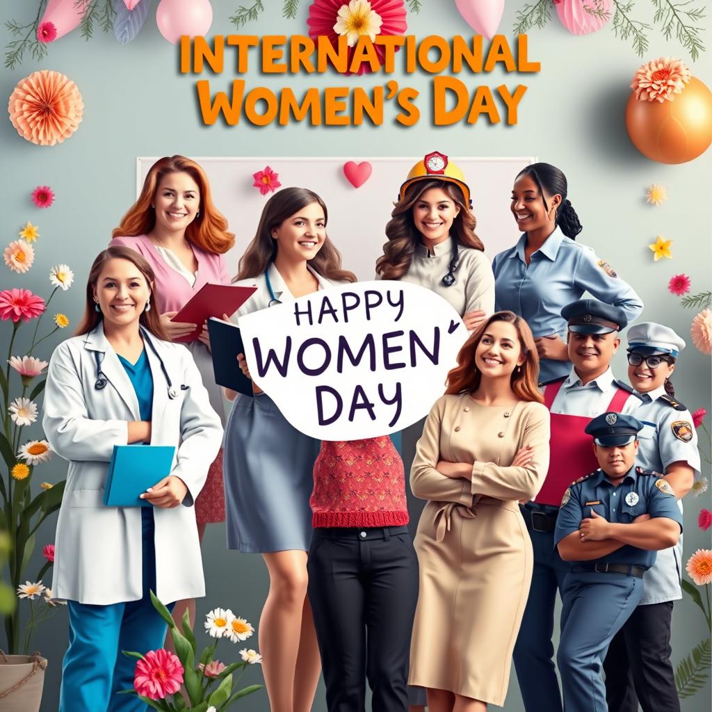 A vibrant and uplifting scene celebrating International Women's Day, featuring successful women from diverse careers such as a confident female doctor in a white coat with a stethoscope, a determined lawyer with legal books, a brave firefighter in protective gear, a stylish businesswoman engaging in a professional discussion, a glamorous model posing gracefully, a skilled chef in a bustling kitchen, and a strong police officer in uniform, all smiling and empowering one another