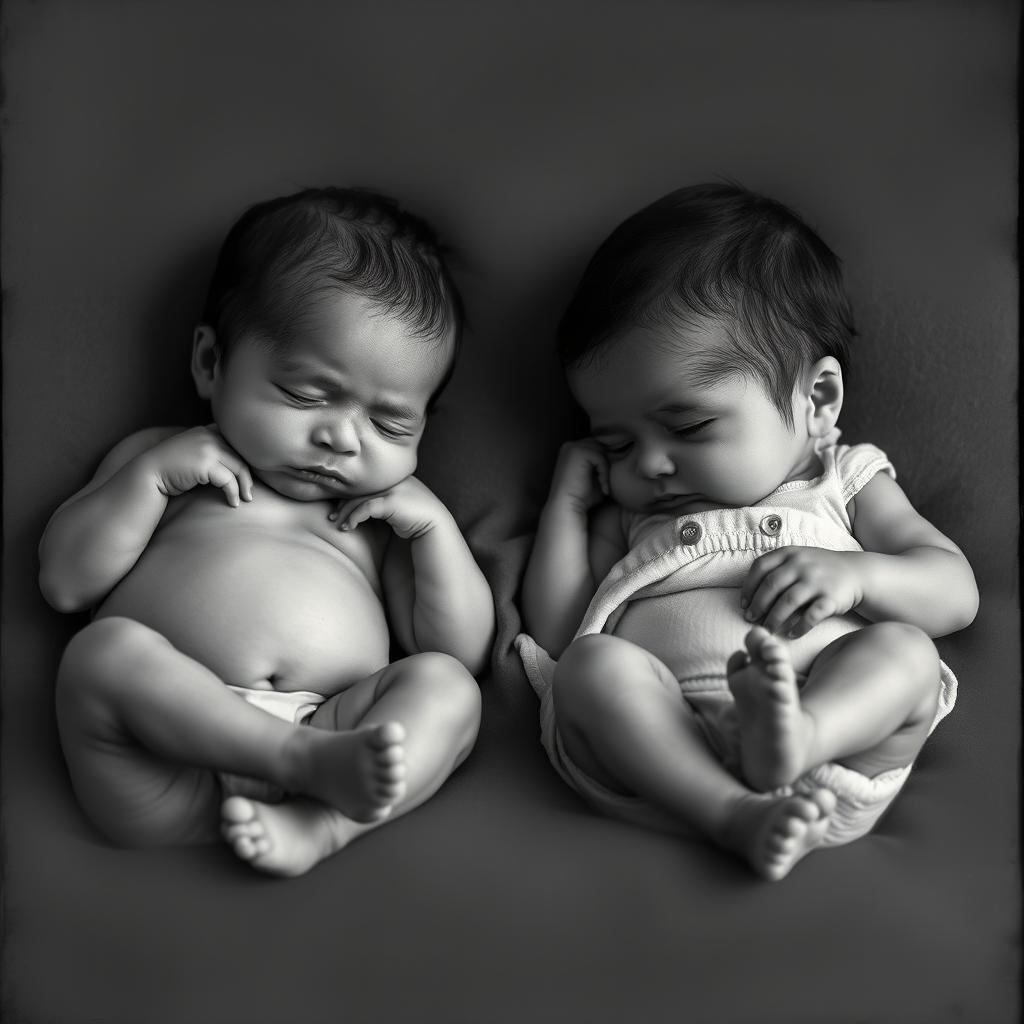 A realistic black and white photograph of two Brazilian newborns, one boy and one girl, each photographed separately