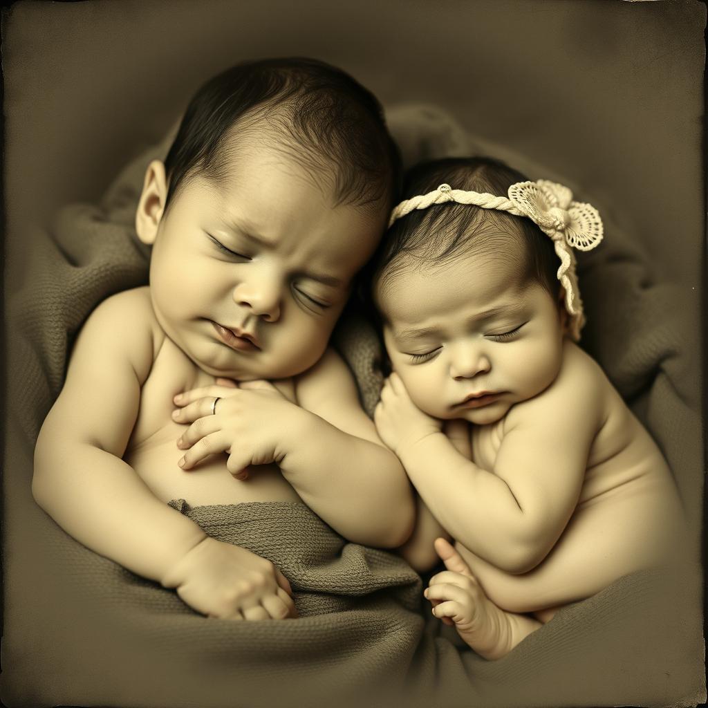 A realistic black and white photograph featuring two Brazilian newborns, a boy and a girl, each captured separately