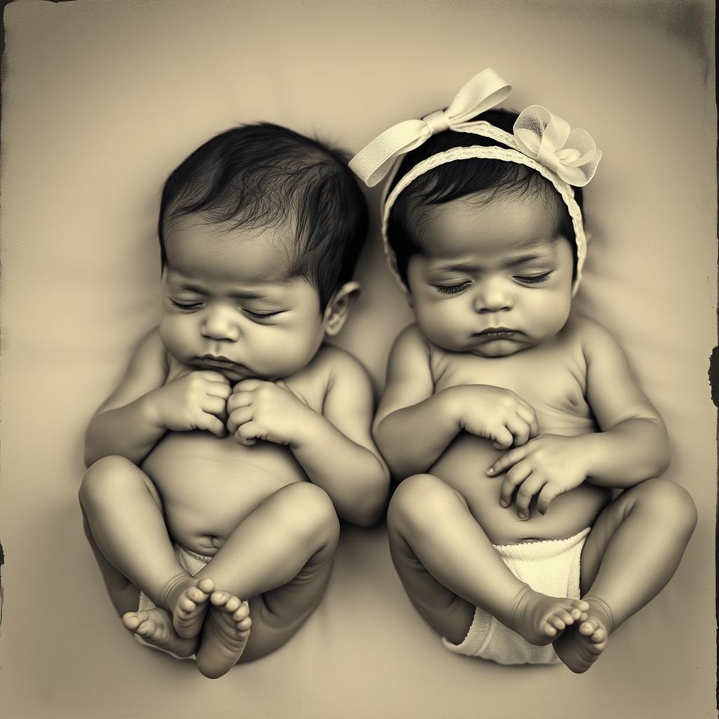 A realistic black and white photograph featuring two Brazilian newborns, one boy and one girl, positioned separately