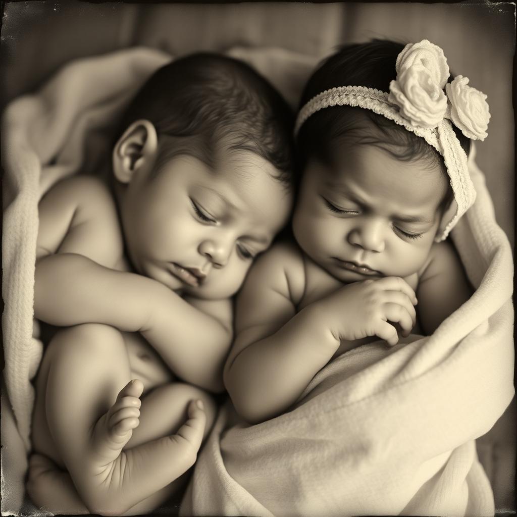A realistic black and white photograph featuring two Brazilian newborns, one boy and one girl, captured separately