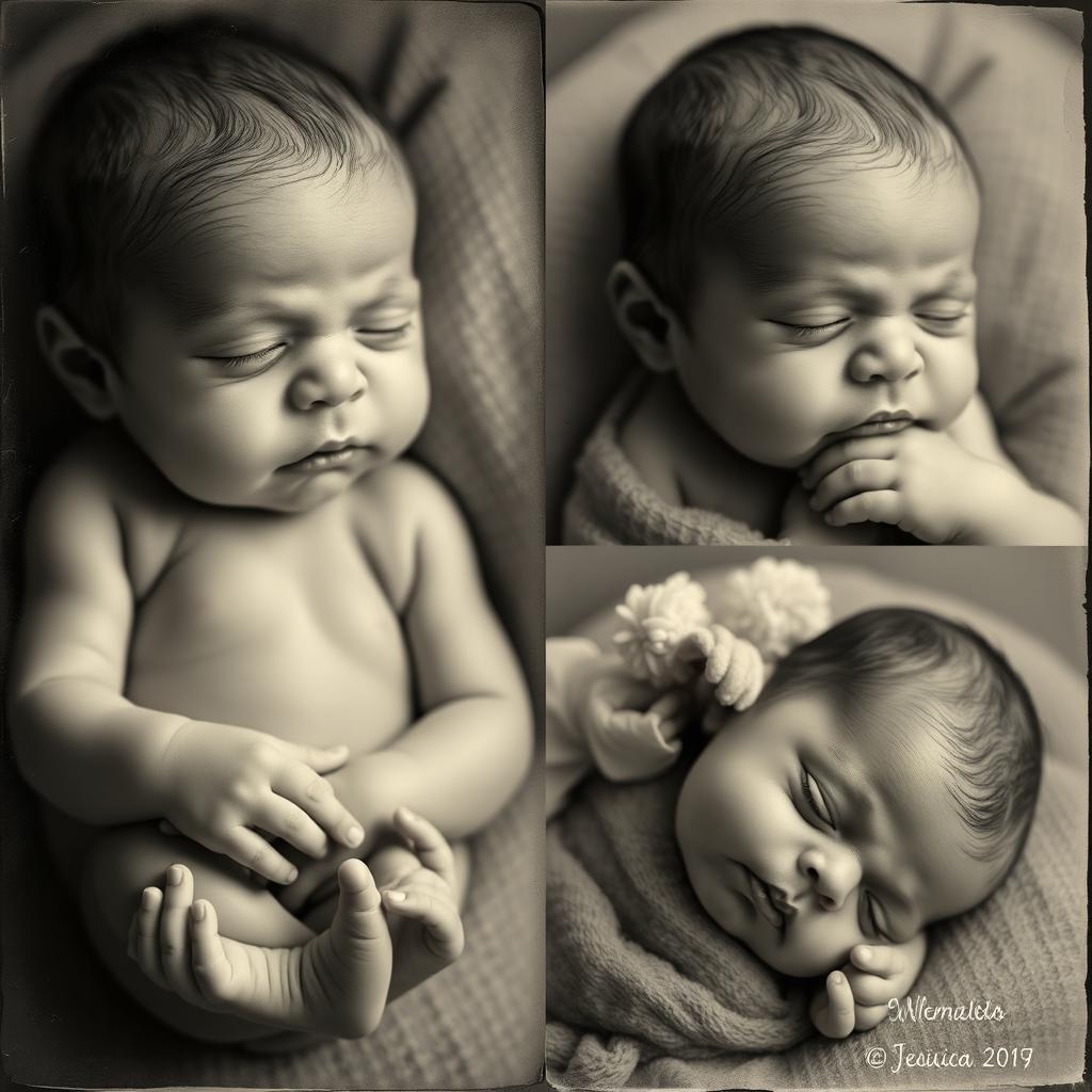 A realistic black and white photograph showcasing two Brazilian newborns, one boy and one girl, each portrayed in separate frames