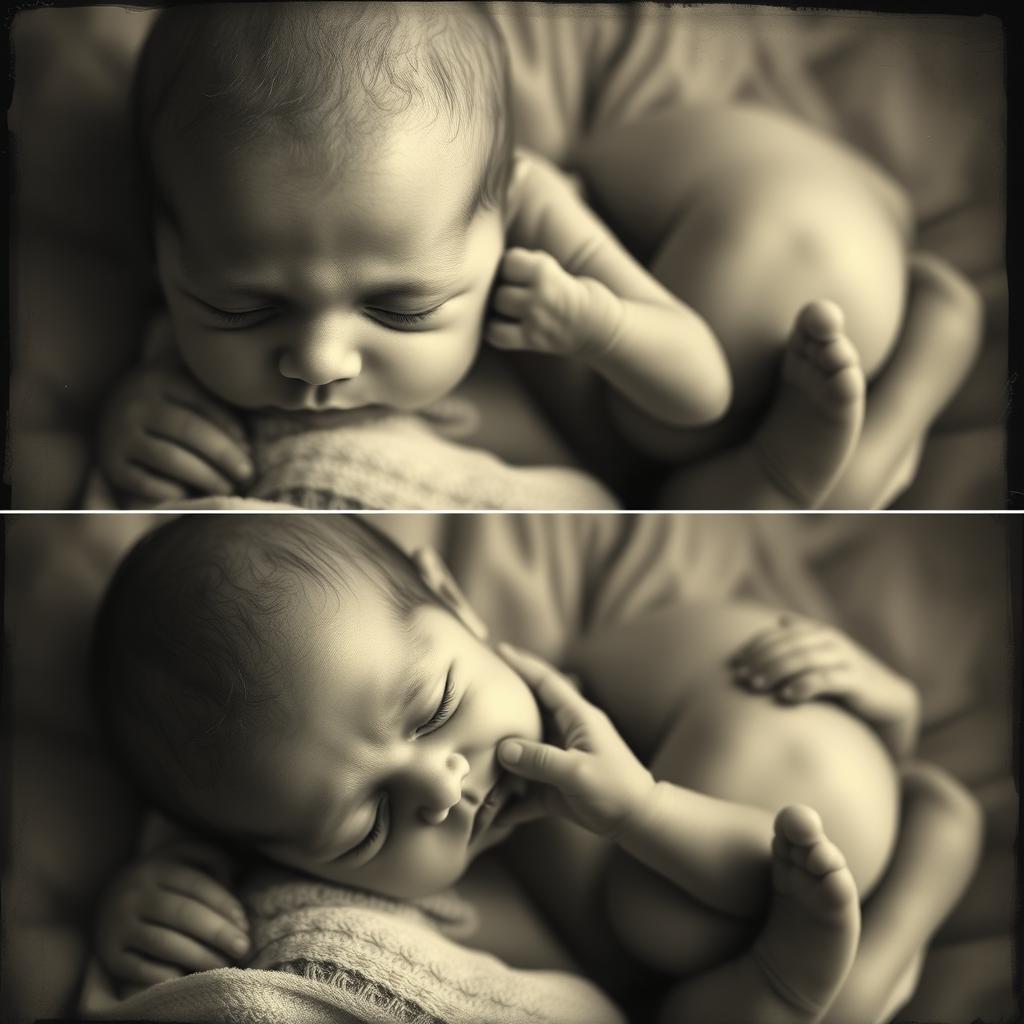 A realistic black and white photograph showcasing two Brazilian newborns, a boy and a girl, each depicted separately