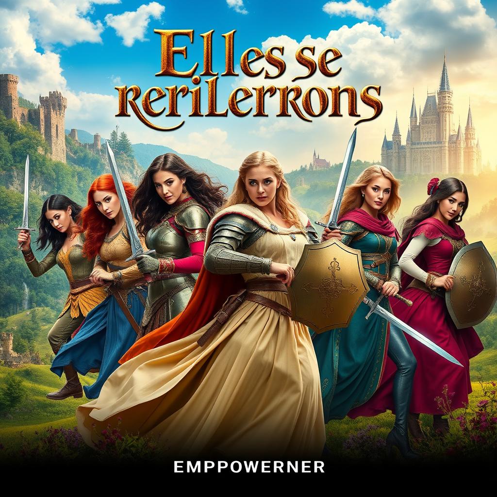 A movie poster for a fictional film titled 'Elles se relèverons' featuring a diverse group of strong, empowered female leads representing different cultures and backgrounds, set in a vibrant medieval fantasy realm