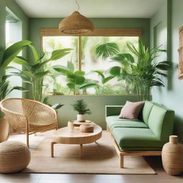 A unique living room design that blends tropical and Scandinavian influences, featuring a distinctive chair and sofa made from bamboo amidst minimalist furniture. The room is filled with lush green tropical plants and has a cool, crisp Scandinavian color scheme.