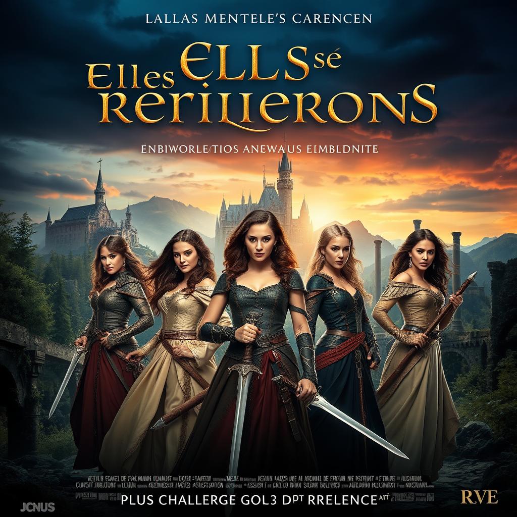 A captivating movie poster for a film titled 'Elles se relèverons', featuring an ensemble of famous actresses portraying strong, powerful characters in a rich medieval fantasy realm