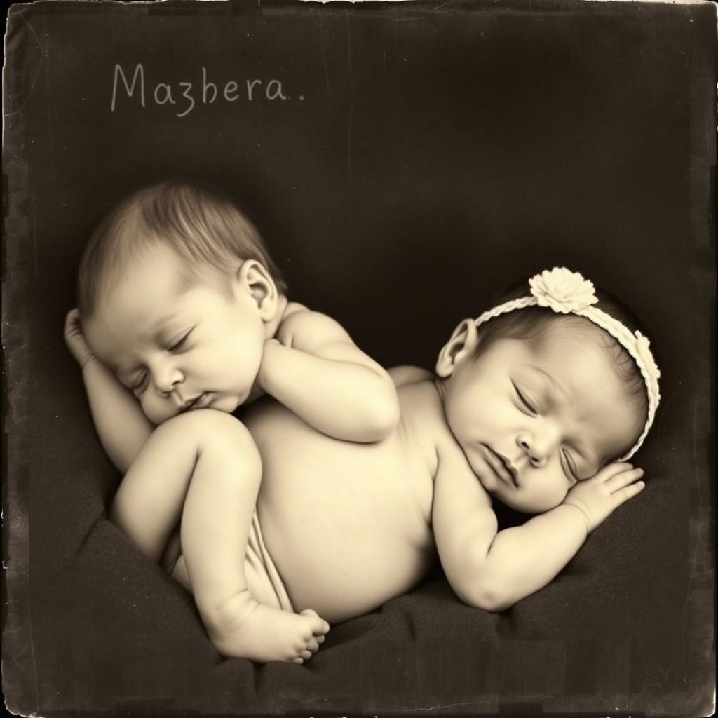 A realistic black and white photograph featuring two Brazilian newborns, one boy and one girl, each depicted separately