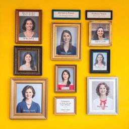 A vibrant wall adorned with an array of picture frames celebrating the achievements of brilliant women including Pardis Sabeti, Roxana Mosleh, Minoo Vosough, Mozhgan Laali, Anousheh Ansari, Marie Curie, and Elissa Carson