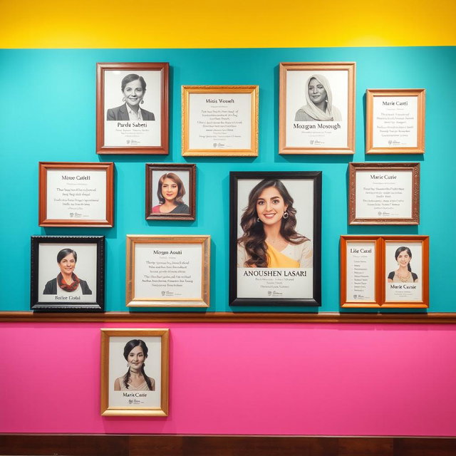 A vibrant wall adorned with an array of picture frames celebrating the achievements of brilliant women including Pardis Sabeti, Roxana Mosleh, Minoo Vosough, Mozhgan Laali, Anousheh Ansari, Marie Curie, and Elissa Carson