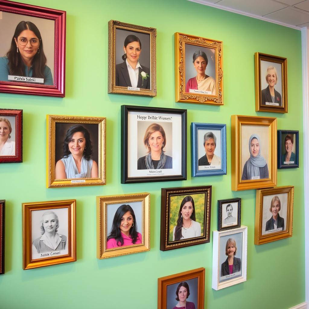 A vibrant wall adorned with an array of picture frames celebrating the achievements of brilliant women including Pardis Sabeti, Roxana Mosleh, Minoo Vosough, Mozhgan Laali, Anousheh Ansari, Marie Curie, and Elissa Carson