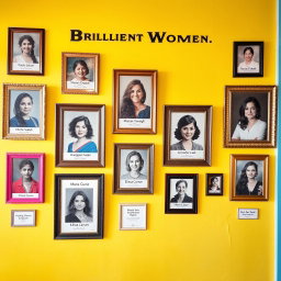 A vibrant wall adorned with an array of picture frames celebrating the achievements of brilliant women including Pardis Sabeti, Roxana Mosleh, Minoo Vosough, Mozhgan Laali, Anousheh Ansari, Marie Curie, and Elissa Carson
