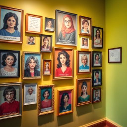 A vibrant and inspiring wall filled with a variety of picture frames showcasing brilliant women such as Pardis Sabeti, Roxana Mosleh, Minoo Vosough, Mozhgan Laali, Anousheh Ansari, Marie Curie, and Elissa Carson