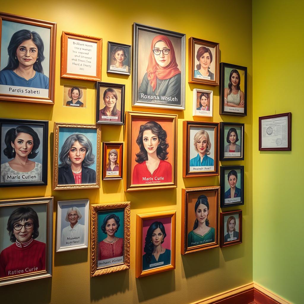 A vibrant and inspiring wall filled with a variety of picture frames showcasing brilliant women such as Pardis Sabeti, Roxana Mosleh, Minoo Vosough, Mozhgan Laali, Anousheh Ansari, Marie Curie, and Elissa Carson