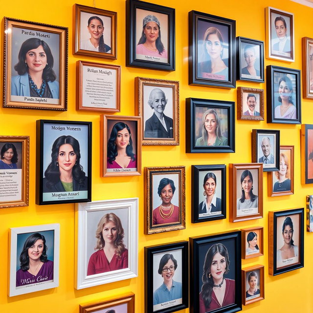 A vibrant and inspiring wall filled with a variety of picture frames showcasing brilliant women such as Pardis Sabeti, Roxana Mosleh, Minoo Vosough, Mozhgan Laali, Anousheh Ansari, Marie Curie, and Elissa Carson