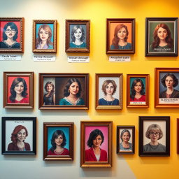 A vibrant and inspiring wall filled with a variety of picture frames showcasing brilliant women such as Pardis Sabeti, Roxana Mosleh, Minoo Vosough, Mozhgan Laali, Anousheh Ansari, Marie Curie, and Elissa Carson