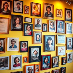 A vibrant and inspiring wall filled with a variety of picture frames showcasing brilliant women such as Pardis Sabeti, Roxana Mosleh, Minoo Vosough, Mozhgan Laali, Anousheh Ansari, Marie Curie, and Elissa Carson