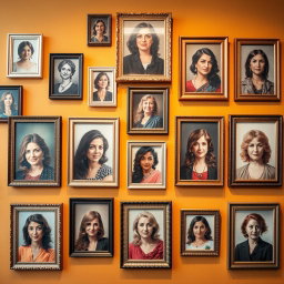A stunning wall filled with an array of picture frames showcasing brilliant women's portraits, including Pardis Sabeti, Roxana Mosleh, Minoo Vosough, Mozhgan Laali, Anousheh Ansari, Marie Curie, and Elissa Carson, each radiating intelligence and charisma