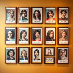 A stunning wall filled with an array of picture frames showcasing brilliant women's portraits, including Pardis Sabeti, Roxana Mosleh, Minoo Vosough, Mozhgan Laali, Anousheh Ansari, Marie Curie, and Elissa Carson, each radiating intelligence and charisma
