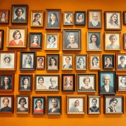 A stunning wall filled with an array of picture frames showcasing brilliant women's portraits, including Pardis Sabeti, Roxana Mosleh, Minoo Vosough, Mozhgan Laali, Anousheh Ansari, Marie Curie, and Elissa Carson, each radiating intelligence and charisma