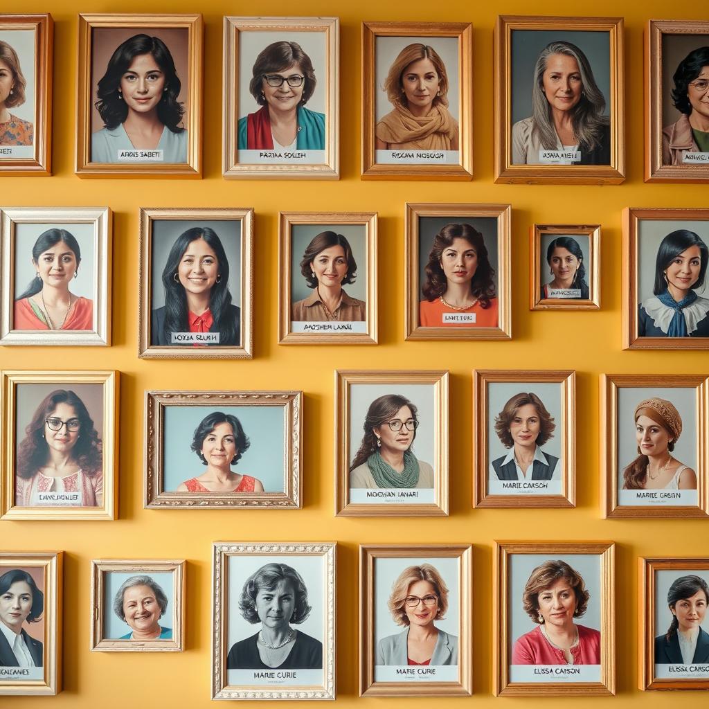 A stunning wall filled with an array of picture frames showcasing brilliant women's portraits, including Pardis Sabeti, Roxana Mosleh, Minoo Vosough, Mozhgan Laali, Anousheh Ansari, Marie Curie, and Elissa Carson, each radiating intelligence and charisma