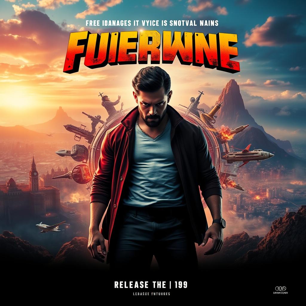 A vibrant and captivating movie poster featuring a dynamic composition that includes a fearless protagonist standing at the forefront, exuding confidence and strength