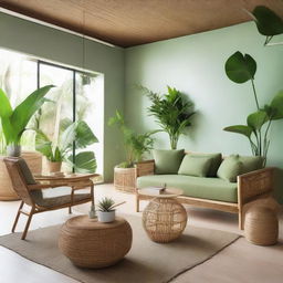 A unique living room design that blends tropical and Scandinavian influences, featuring a distinctive chair and sofa made from bamboo amidst minimalist furniture. The room is filled with lush green tropical plants and has a cool, crisp Scandinavian color scheme.