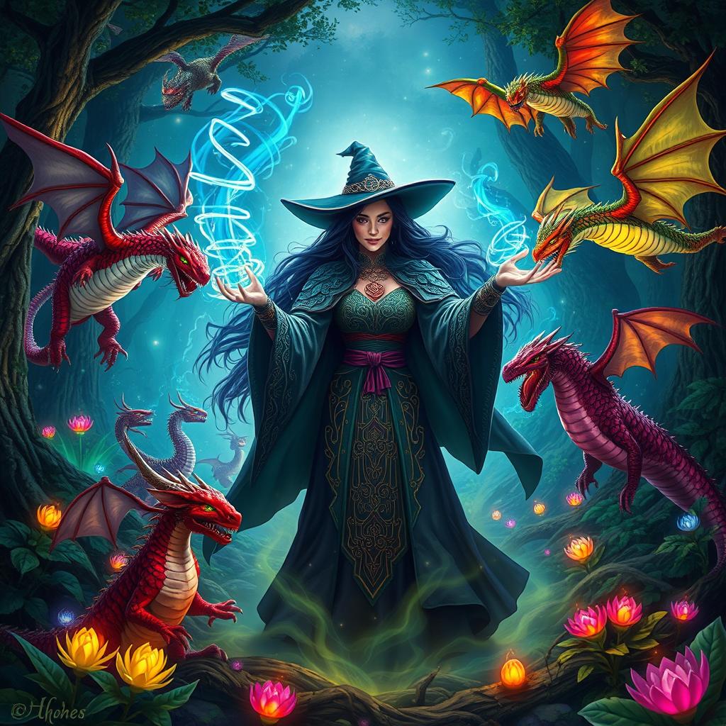 A fantasy scene featuring a powerful witch casting spells in a mystical forest filled with dragons