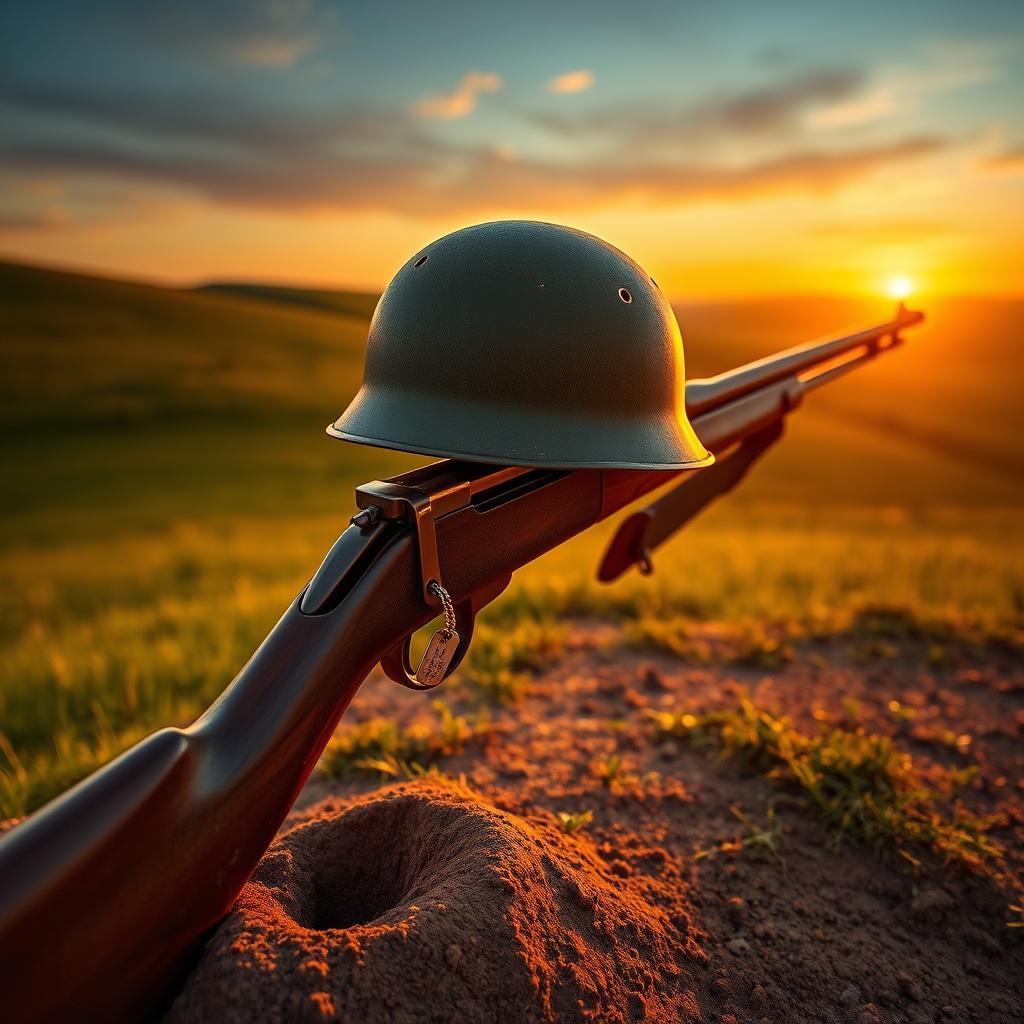 A WWII American carbine rifle with the barrel sunk into a dusty earth, positioned on a grassy hill at sunset