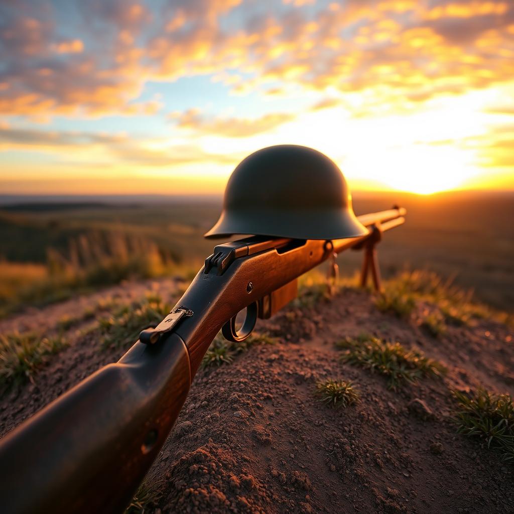A WWII American carbine rifle with the muzzle sunk deep into a dusty ground, placed on a grassy hill during a picturesque sunset