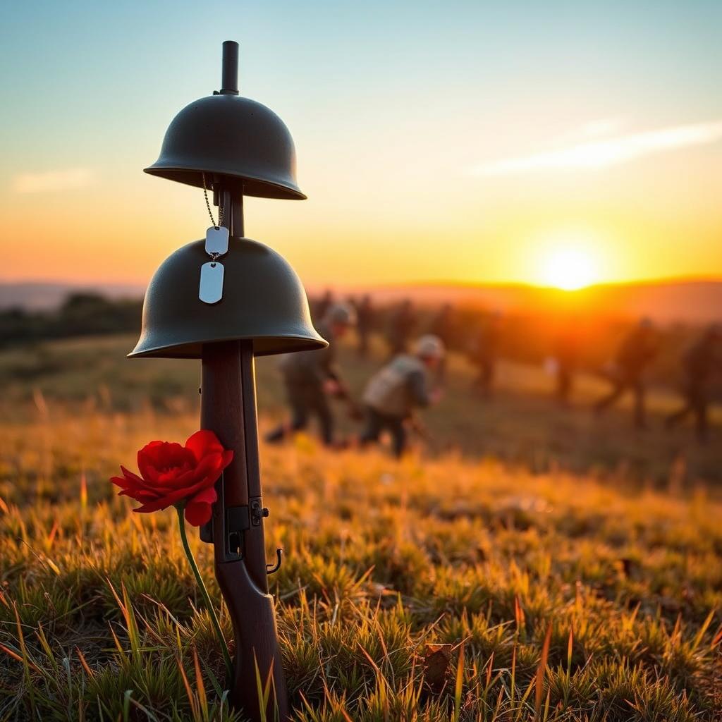 A scene capturing a grassy hill at sunset with a WWII American carbine rifle standing vertically on its muzzle