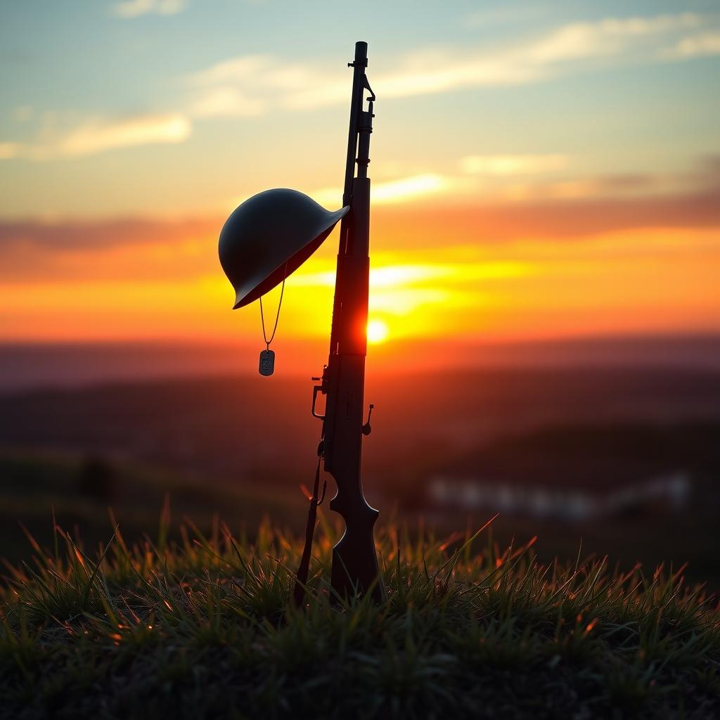 A scene depicting a grassy hill at sunset with a WWII American carbine rifle standing vertically on its muzzle
