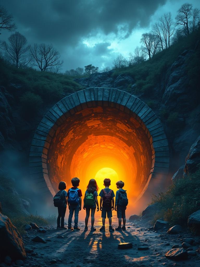 A book cover artwork featuring a scary tunnel entrance, emanating a mysterious orange glow from within