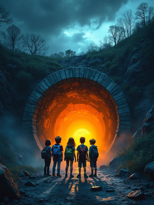 A book cover artwork featuring a scary tunnel entrance, emanating a mysterious orange glow from within