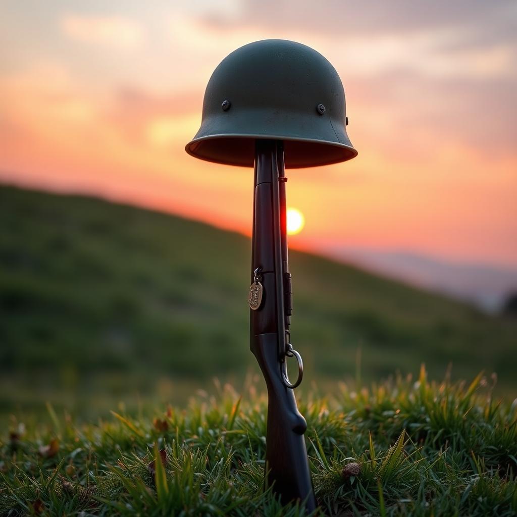 A grassy hill at sunset features a WWII American carbine rifle standing upright on its muzzle