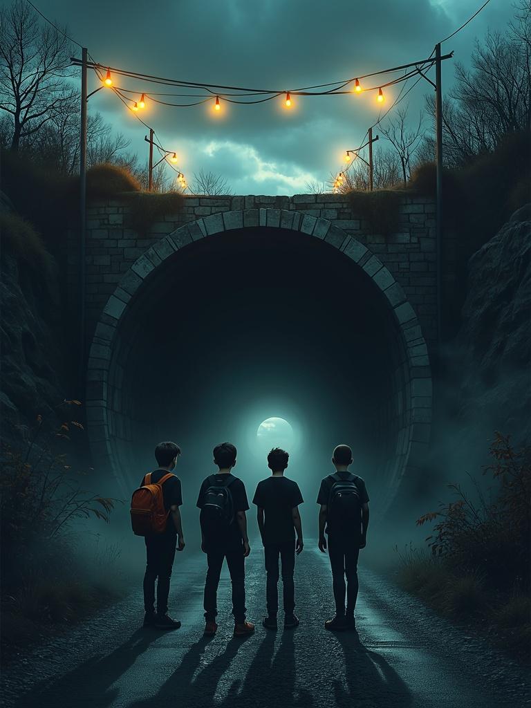 A spooky book cover artwork featuring a dark tunnel entrance