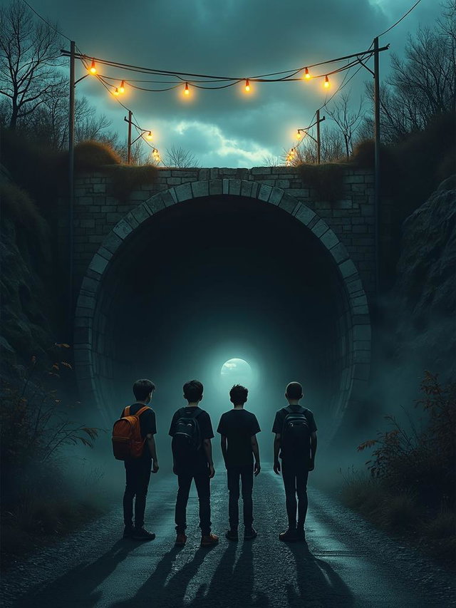 A spooky book cover artwork featuring a dark tunnel entrance