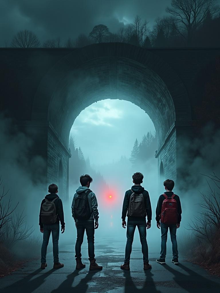 A haunting book cover artwork featuring a scary tunnel entrance shrouded in mist