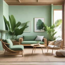 A unique living room design that blends tropical and Scandinavian influences, featuring a distinctive chair and sofa made from bamboo amidst minimalist furniture. The room is filled with lush green tropical plants and has a cool, crisp Scandinavian color scheme.