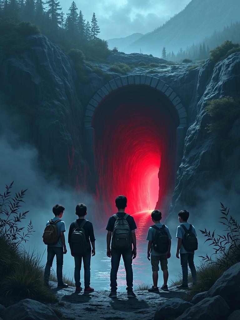 A book cover artwork portraying a scary tunnel entrance that extends into a mountain, with a sinister red light glowing from deep within the tunnel