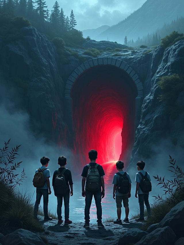 A book cover artwork portraying a scary tunnel entrance that extends into a mountain, with a sinister red light glowing from deep within the tunnel