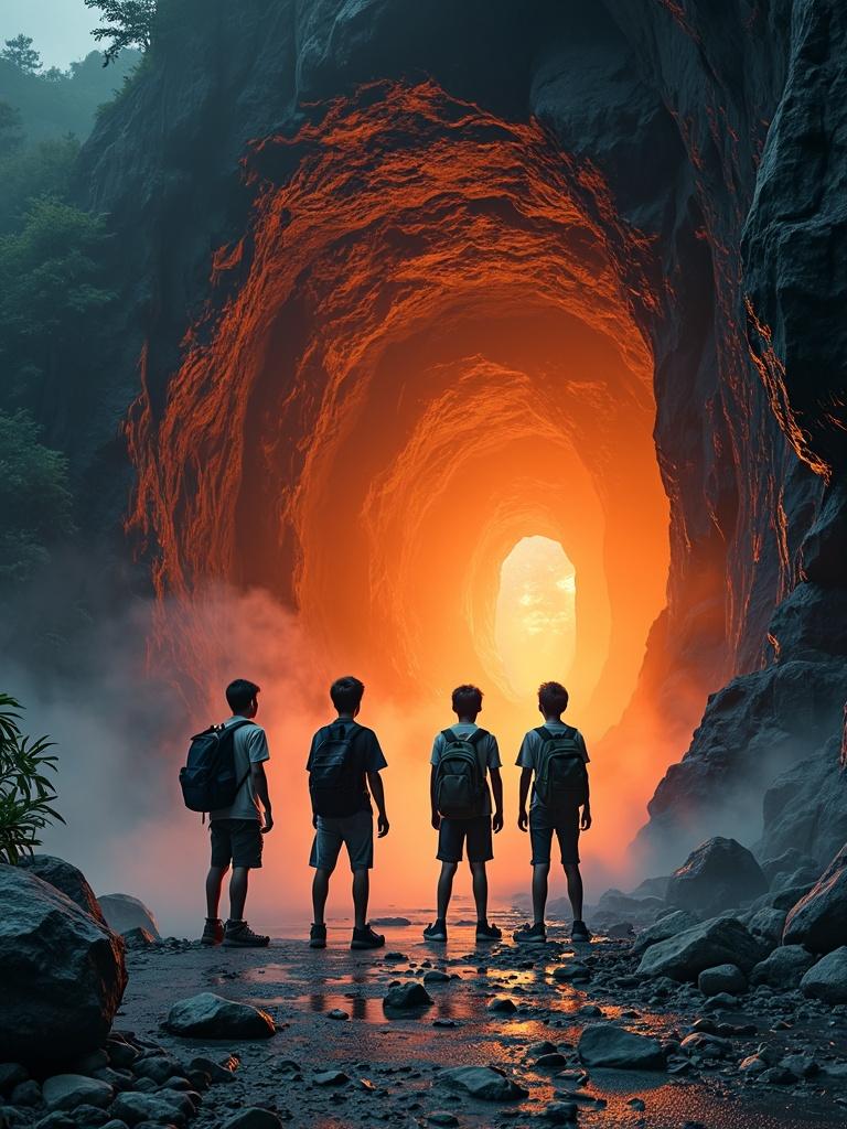 A series of four book cover artworks featuring a scary cave tunnel entrance, where an orange glowing light emanates from inside, accompanied by mist spilling out into the atmosphere
