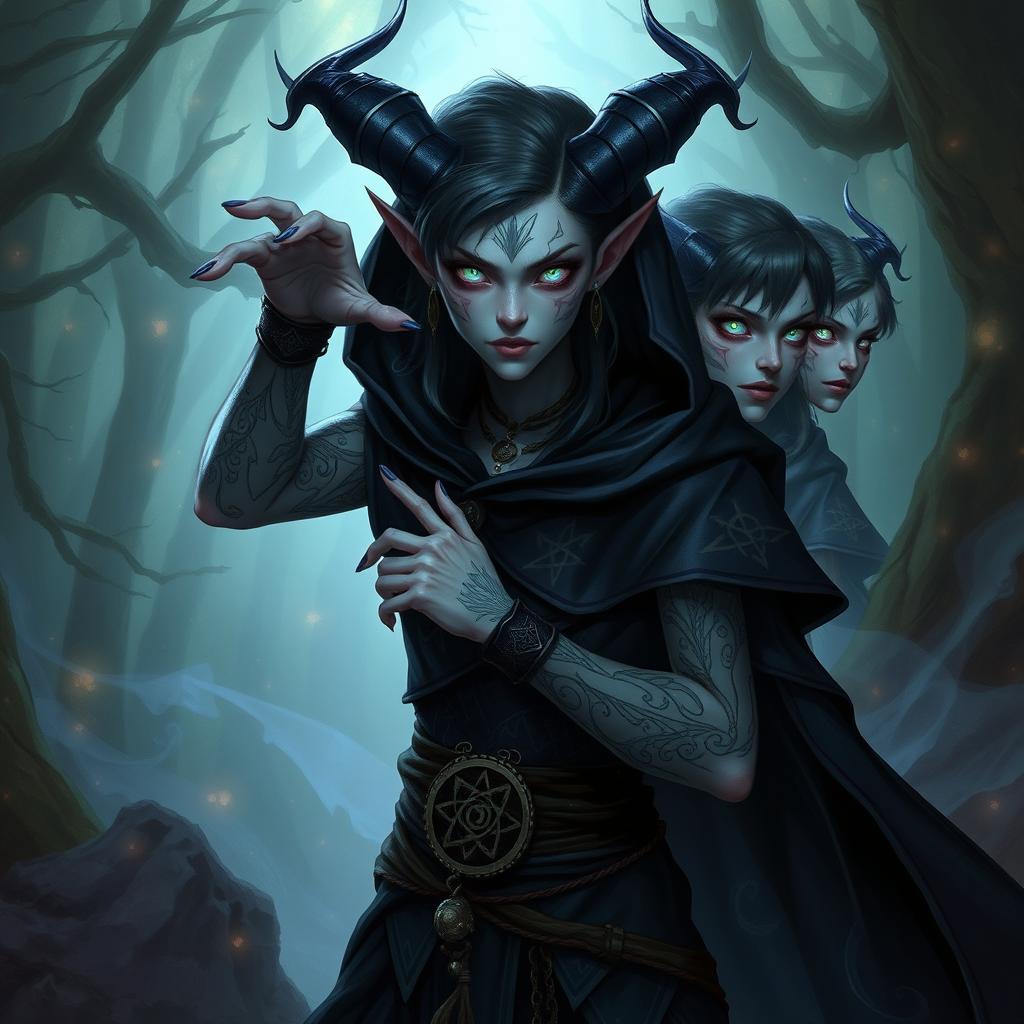 An androgynous DnD changeling warlock with a mystical aura, striking a pose while shifting faces