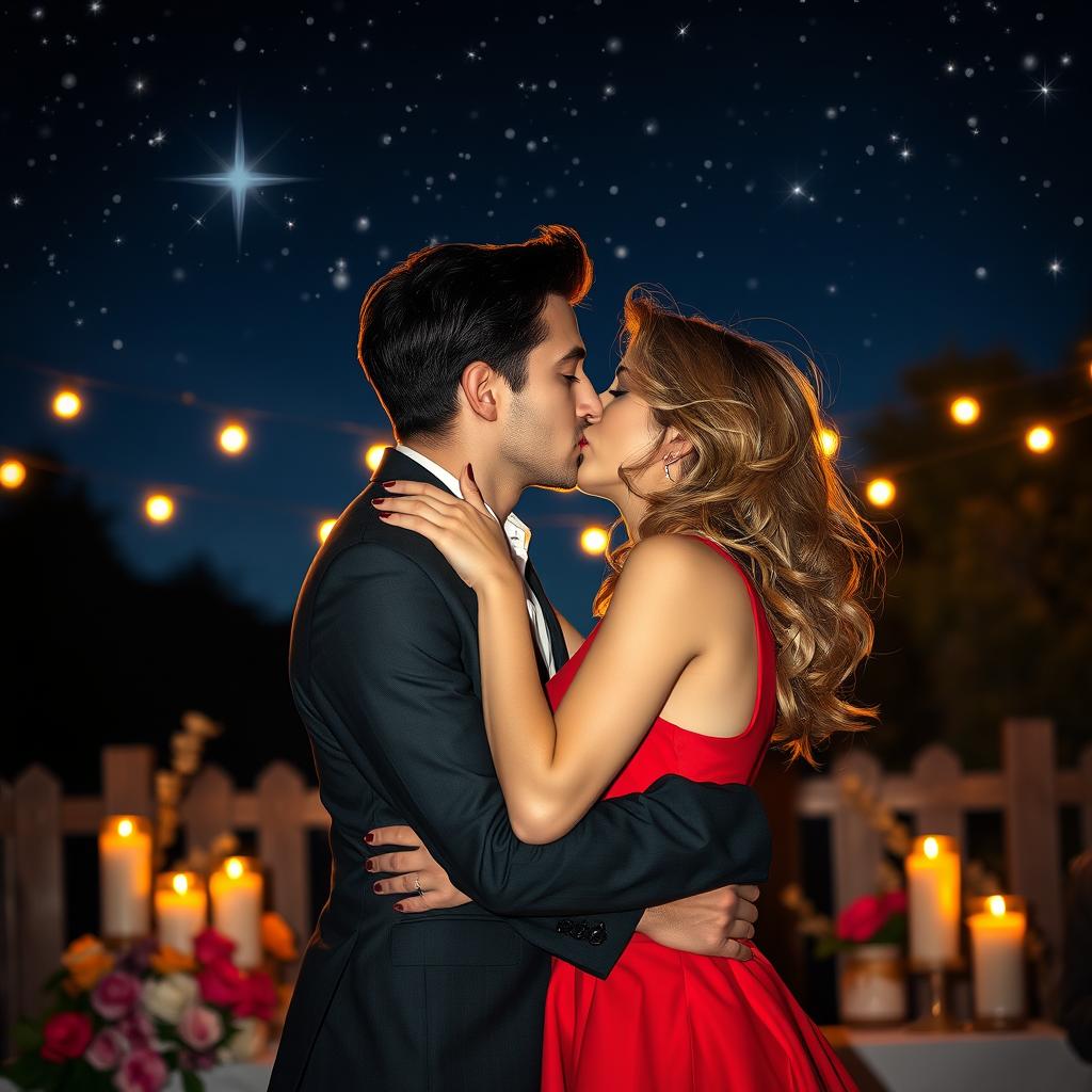 A romantic scene of two adults passionately kissing under a starry night sky, surrounded by a soft glow from fairy lights