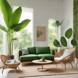 A unique living room design that blends tropical and Scandinavian influences, featuring a distinctive chair and sofa made from bamboo amidst minimalist furniture. The room is filled with lush green tropical plants and has a cool, crisp Scandinavian color scheme.