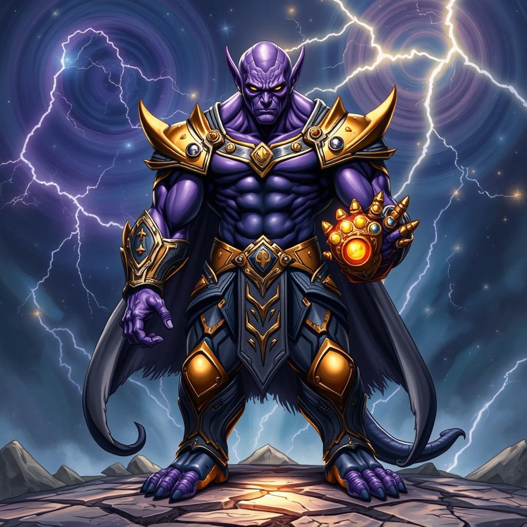 A powerful purple-skinned alien villain with a muscular build, dressed in an intricate battle armor adorned with golden accents