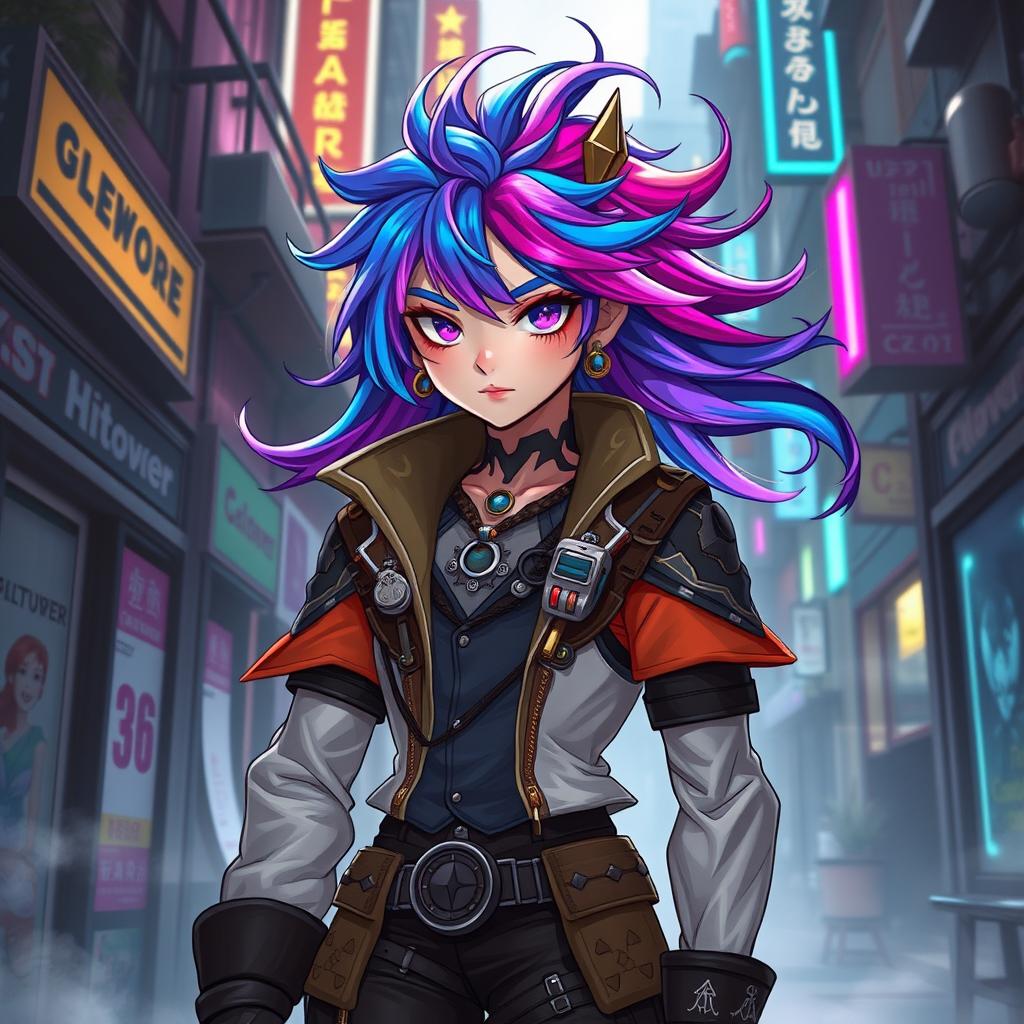 A unique original character (OC) inspired by the world of Arcane, featuring a young adult with a captivating and colorful appearance