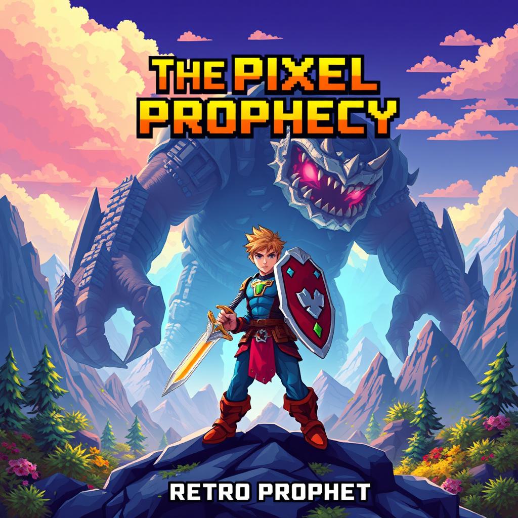 A dynamic book cover design featuring a retro-style 16-bit hero, full of pixelated charm, standing confidently in a dramatic pose as he faces a colossal final boss
