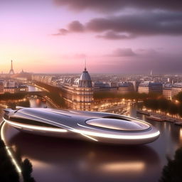 Futuristic Paris, 200 years from now, with advanced architecture, self-driving vehicles, and eco-friendly urban planning.