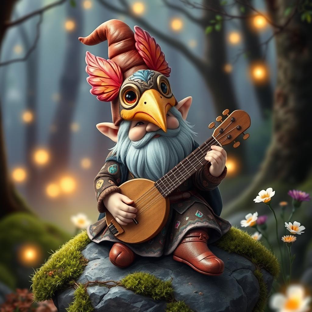 A charming gnome bard wearing a bird mask, surrounded by an enchanting forest setting